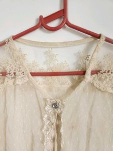 Sheer Lace Blouse with Polka Dot Detail
