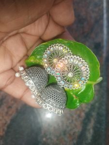Silver Jhumka Earrings &amp; Brooch Set