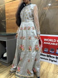 Wedding/Festive Silver Gown With Net Sleeves