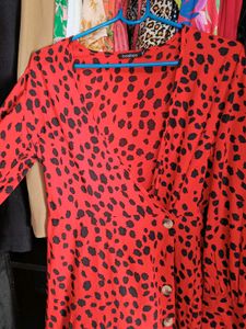 Chic Red Spotted Long Sleeve Wrap Dress