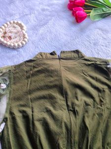 Olive Green Floral Detail Top