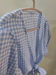 Blue Gingham Tie-Front Top
