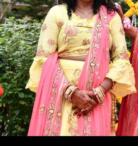 Silk Lemon Yellow 100% Cut Dana Handwork Lehenga