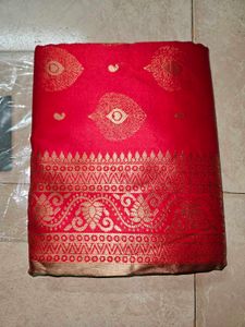 Bright Red Cotton Silk Blend Saree