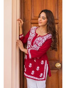 Maroon &amp; White Print  Embroidered Short Kurti