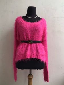 Hot Pink Fluffy Sweater with Belt – Cozy & Stylish
