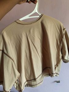 Cropped Beige Tee with Raw Hem