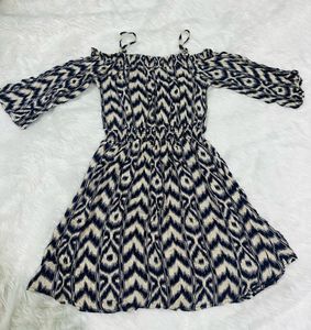 DressBerry Women Navy &amp; Beige Printed A-Line Off-s