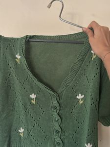 Floral Embroidered Green Cardigan