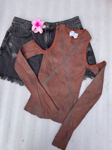 Zara Brown Cutout Long Sleeve Top