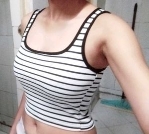white fitted cropped tank top with black stripes