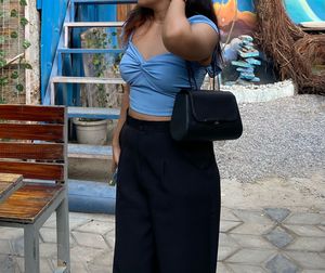Cropped Vest Ruffle Top In Dusty Blue