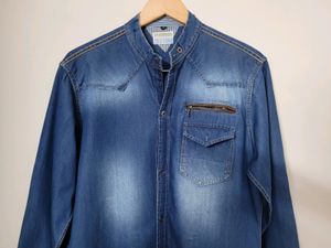 Gesture Denim Casual Shirt With Mandarin Collar