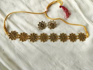 Pretty Golden Oxidised Necklace Set With Earrings