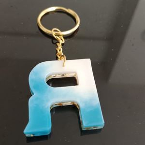 Resin Keychain R Alphabet Blue White Golden