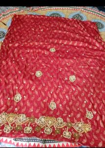 Banarasi Red Embroidered Dress Material