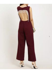 Maroon open back tassle jumpsuit