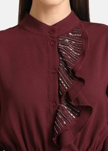 Maroon Tie-Up Neck Embellished RuffleCinched
