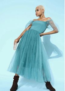 SASSAFRAS BLUE TULLE BARDOT MIDI DRESS