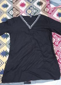 Black Embroidered V-Neck Top