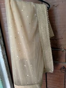 Designer,Heavy ,Long Length Golden Net Dupatta With Golden Stone And Wide Border