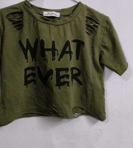 Olive Green Distressed “Whatever” Graphic Crop Tee