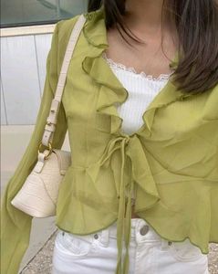 Newme GREEN Ruffled Neck Long Sleeve Top