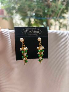 Pearl & Green Beaded Dangle Earrings