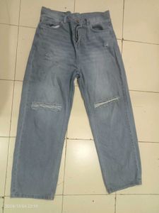 Blue Denim Straight Fit Knee Slit Jeans For Girls