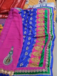 Blue & Pink Rajsthani Design Silk Soft Saree