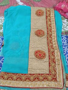Teal Blue & Gold Embellished Saree
