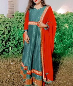Teal &amp; Red Ethnic Gown With Dupatta