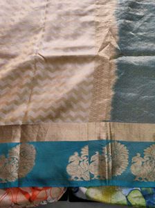 Cream And Blue Pure Silk Saree