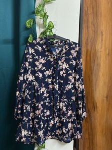 Floral Print Blue  Tiered Mini Dress