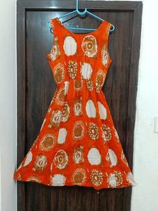 Orange Sleeveless Print Dress Fits To S - XL