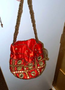 Red &amp; Gold Beaded Evening Bag potli