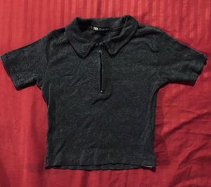 Zara Cropped Ribbed Polo Top