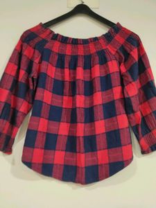 Off Shoulder Red &amp; Navy Plaid Top