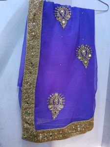 Beautiful Purple Saree With Mirror Work &amp; Blouse