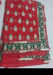 Red Embroidered Sari Fabric