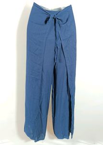 Navy Blue Plain Front Knot Wide Leg Pant(Women)