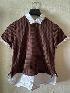 Chic Brown Layered Look Top with White Shirt