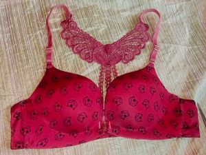 Red Patterned Front Open Bra with Lace Detail