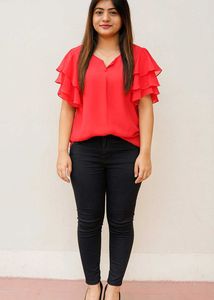 ❤️ Elegant Red Net Half-Sleeve Top for Women ❤️