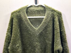 Premium imported green mohair-blend v-neck sweater