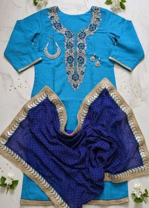 Blue Embroidered Kurta With Dupatta