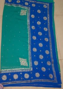 Elegant Teal & Blue Embellished Saree