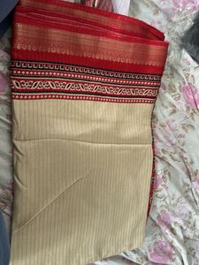 Elegant Cream &amp; Red Sari Bandhani Silk