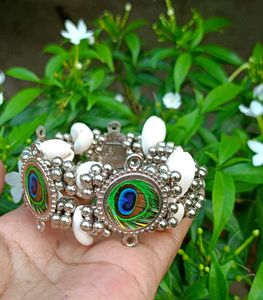 Silver Oxidised Peacock Bangle Bracelet