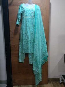🩵Aqua Blue Printed Cotton Suit Set with Dupatta🩵